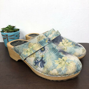 Swedish Clogs Leather Wooden Floral Print Made In Sweden Women's Size 40 US 9